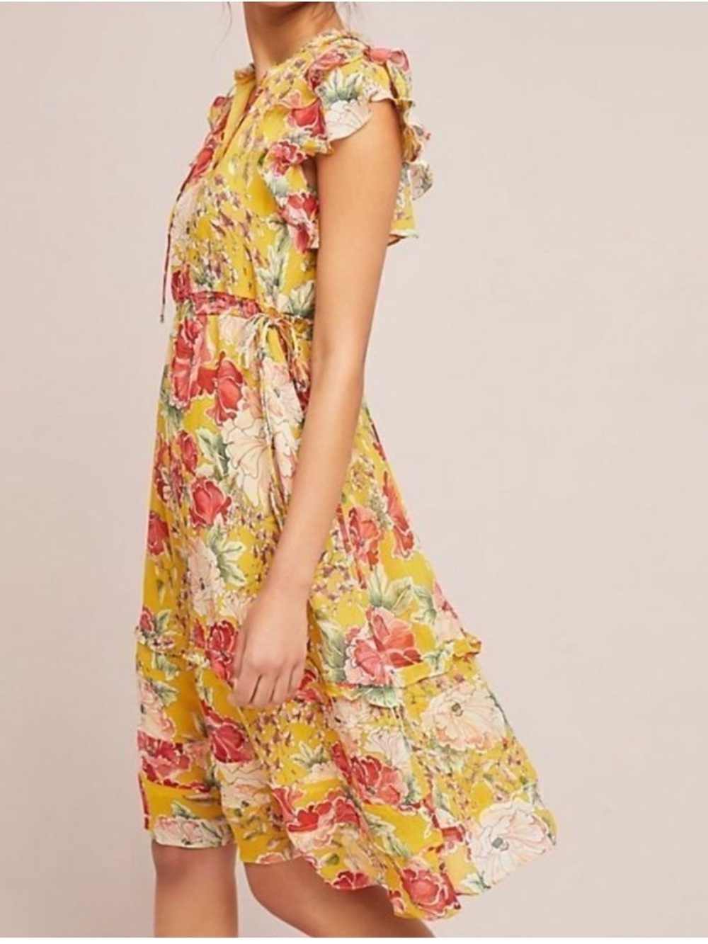 Anthropologie dolan Yellow Floral Ruffle-Sleeve Ellory Midi Dress Silk Sun Dress